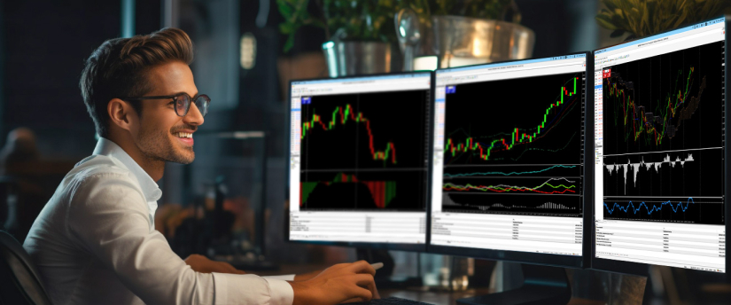 A man seated at a desk, analyzing three monitors that showcase different trading indicators for market insights.
