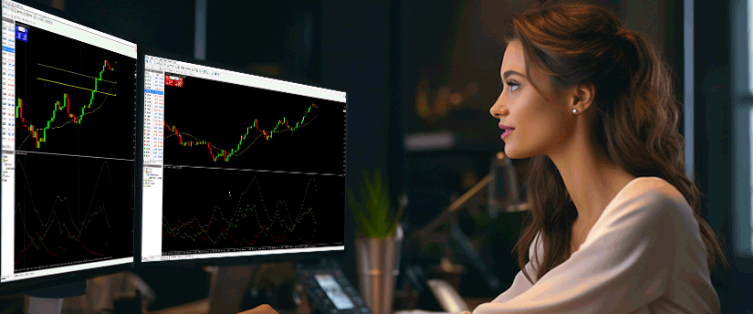 A woman working at a desk with dual monitors, each displaying distinct trading screens and stock market analytics.