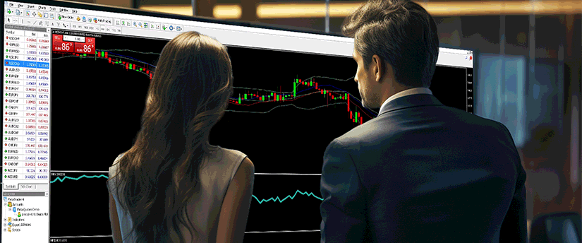 A man and woman focus on a computer screen showing stock market trends, analyzing financial information together.