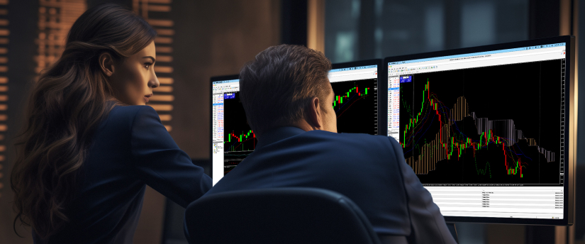 Two individuals analyzing a trading chart displayed on a computer screen, focused on market trends and data.
