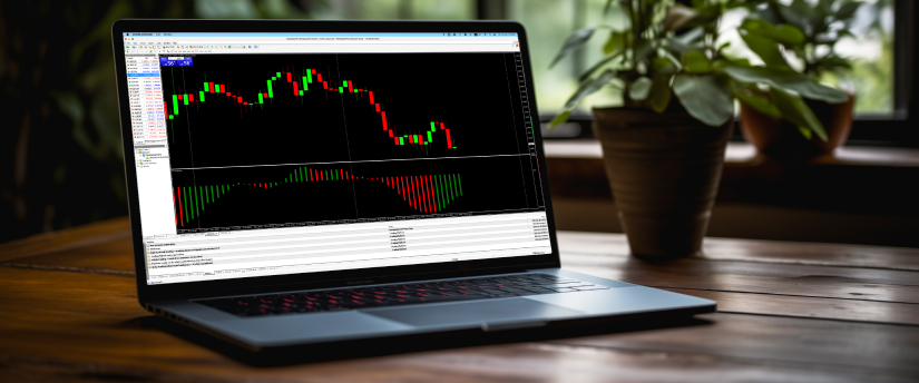 Un portátil muestra gráficos de trading en forex, mientras un trader monitorea activamente el mercado en busca de oportunidades de inversión.