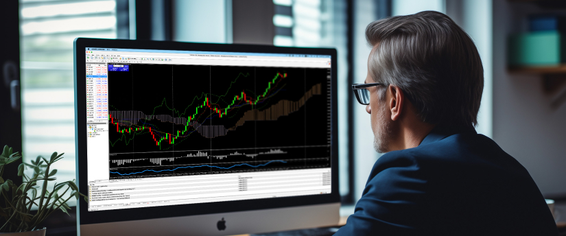 A suited man gazes at a computer screen showing a stock market graph, analyzing market trends and data.
