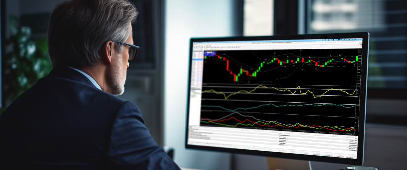 A suited man gazes at a computer screen featuring a stock chart, analyzing , trading financial data and market movements.