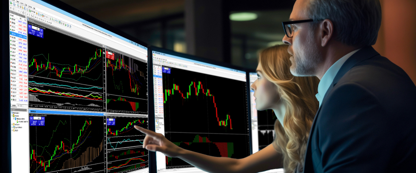 A man and woman focus on a screen surrounded by multiple displays, indicating a collaborative effort in reviewing information about trading.