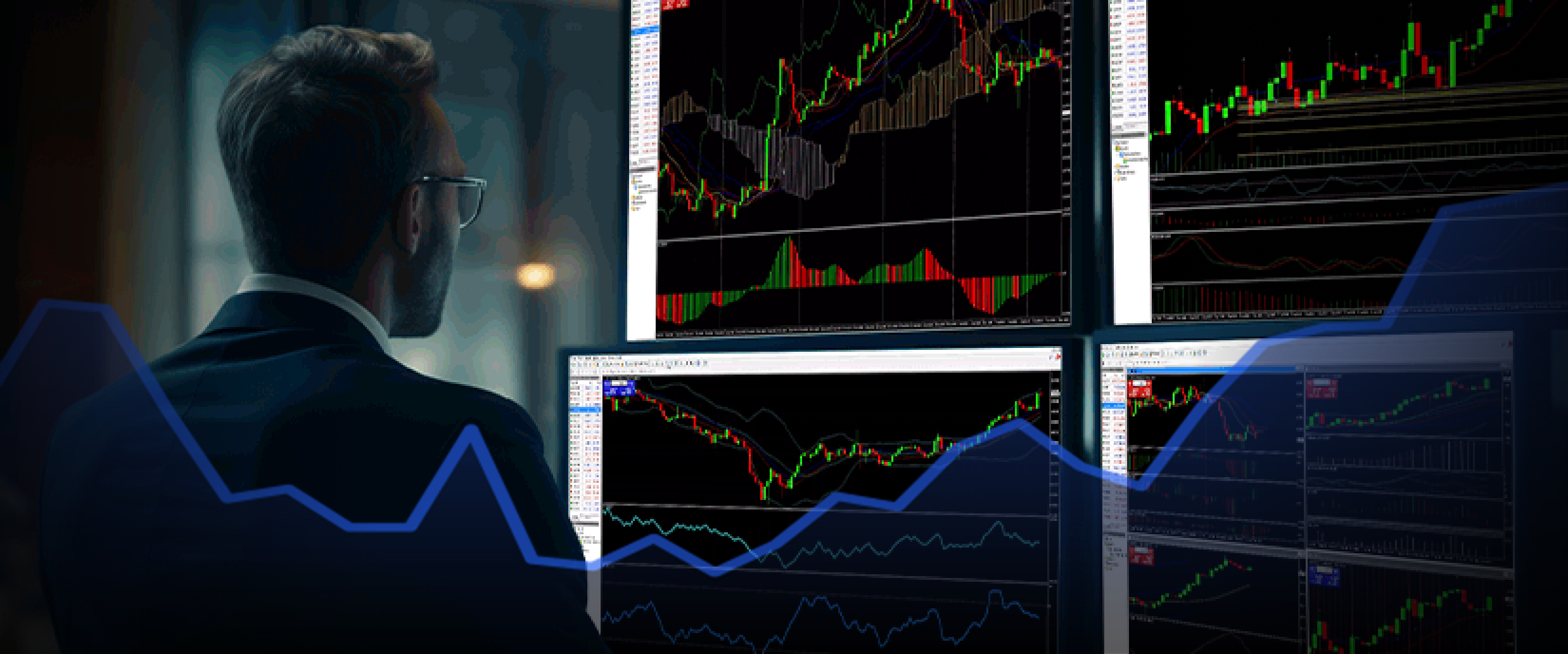 A man in a suit intently observes a screen displaying various trading indicators and graphs.