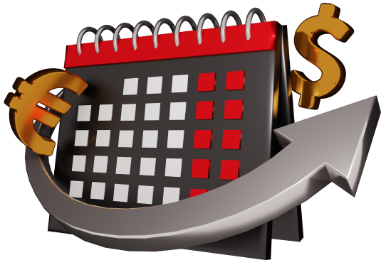 Calendário com um símbolo de dólar e uma seta para cima, simbolizando crescimento financeiro ou prazos de orçamento.