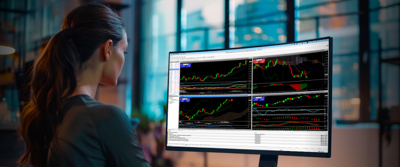 A woman focused on a computer with multiple trading screens displaying various financial data and charts.