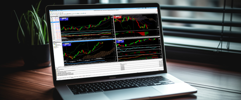 A laptop with multiple screens showing various trading platforms and data analytics for financial trading.