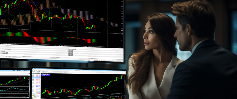 Two traders analyzing a forex trading chart displayed on a computer screen.