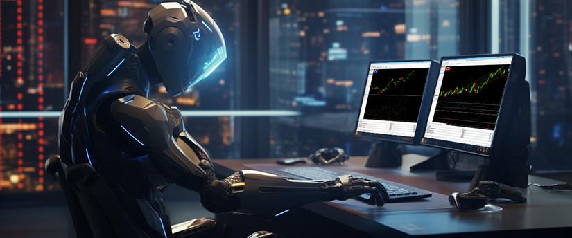 A robot working at a desk, utilizing two computer screens for tasks or information processing.