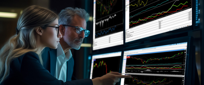 Two people analyze a screen with multiple displays showing fluctuating stock prices.
