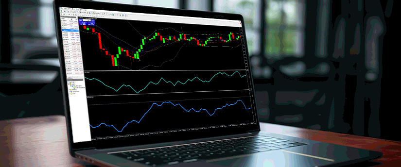 A laptop displaying a forex trading chart with various currency pairs and price movements.