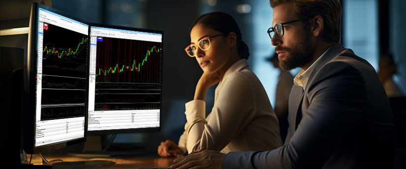 Two individuals analyzing a trading chart displayed on a computer screen, focused on market trends and data.