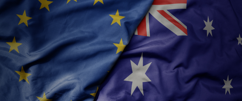 Map highlighting Australia and the European Union, showcasing their geographical locations and international relations.