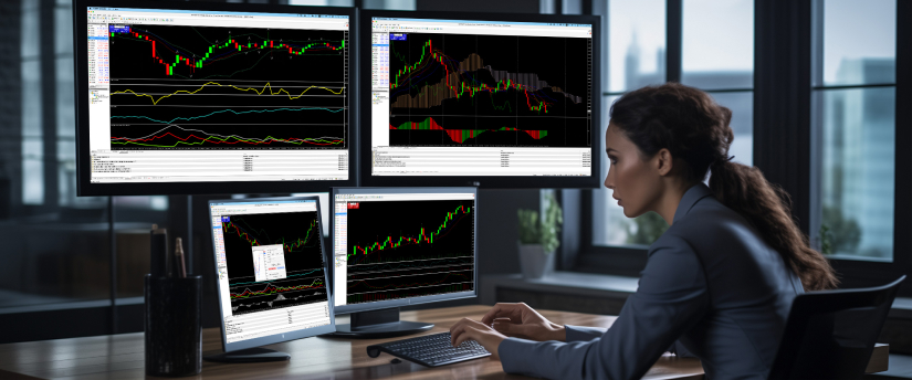 A woman seated at a desk, focused on three monitors showing different trading indicators and graphs.