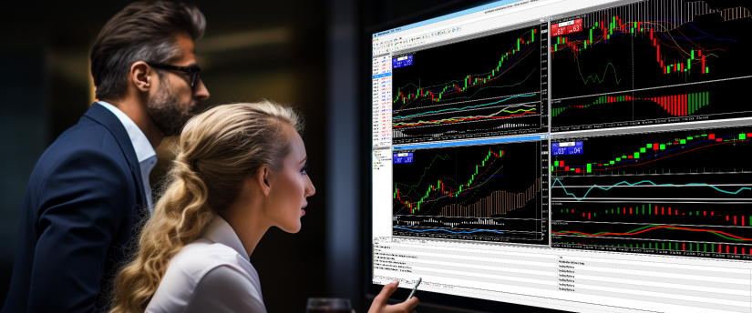A man and woman analyze trading options displayed on a screen, engaged in a focused discussion.