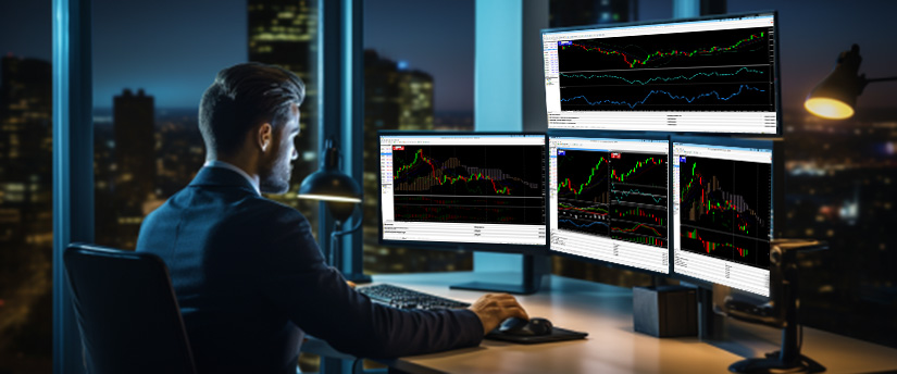 A man at a desk with three monitors displaying various stock market graphs and data analysis.