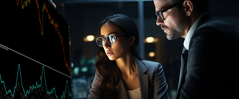 Two people observing a computer screen showing stock market data and trends.