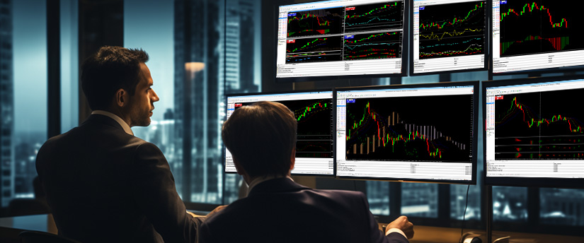 Two suited men observe various trading data on multiple screens, engaged in a financial analysis discussion.