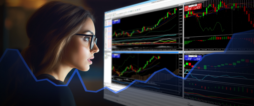 A woman analyzing a stock chart displayed on a screen, focused on financial data and trends.