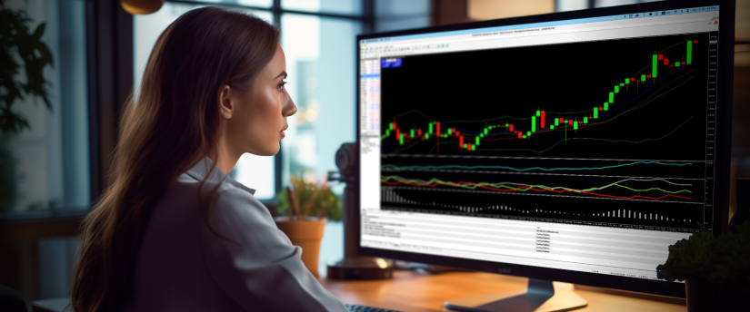 A woman studies a computer screen featuring a stock market graph, analyzing trends and market fluctuations.