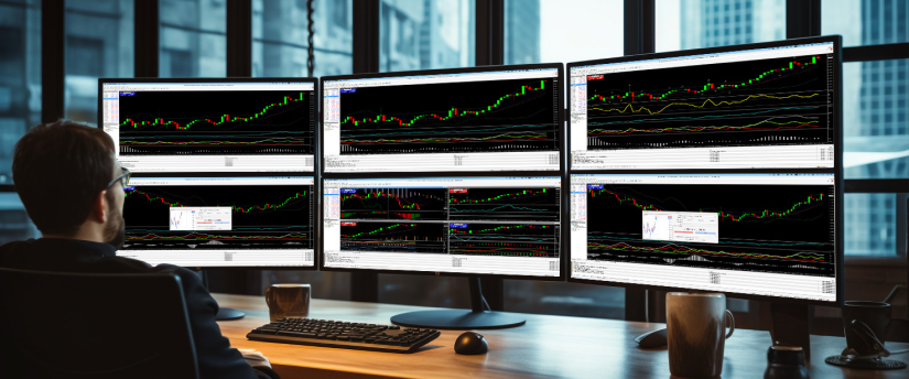 A man seated at a desk, surrounded by multiple screens showing diverse trading indicators and market data.