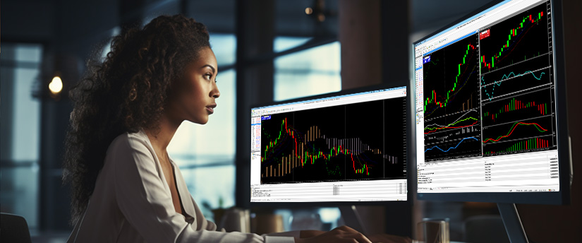 A woman at a desk with two monitors displaying various stock market graphs and data analysis.
