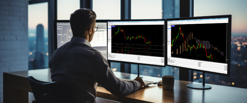 A man seated at a desk, focused on three monitors showing different stock market trends and graphs.