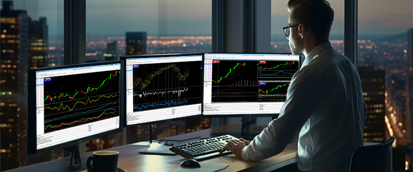 A man at a desk with three monitors displaying various stock market graphs and data analysis.
