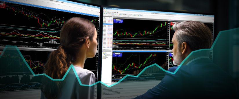 Two people observing a computer screen featuring a stock market graph, engaged in financial analysis.