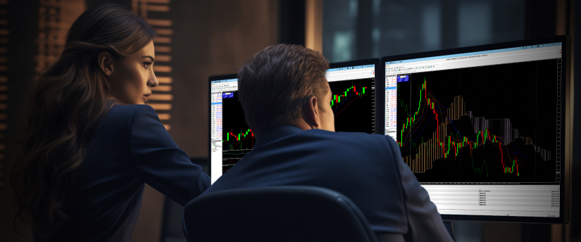Two people engaged in reviewing a computer screen featuring a trading interface, discussing market strategies.