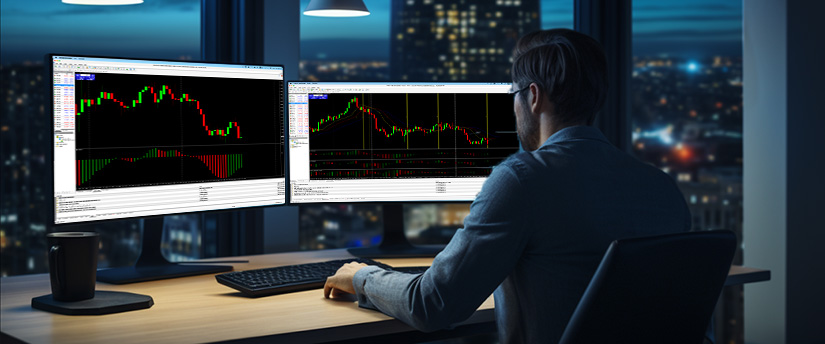 A man seated at a desk, focused on two monitors showing different trading indicators and graphs.