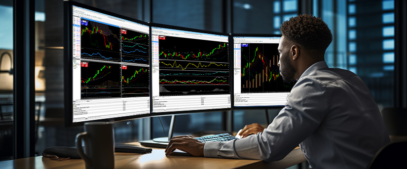A man at a desk with three monitors displaying various trading platforms and market data