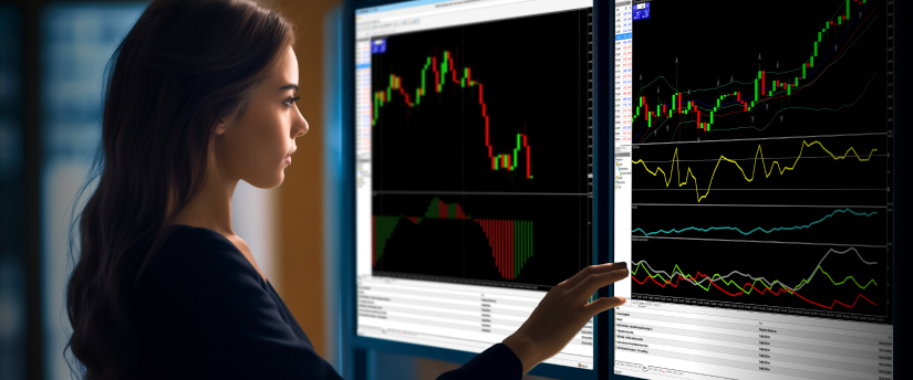 A woman observing a screen that showcases several trading indicators and analytical charts.