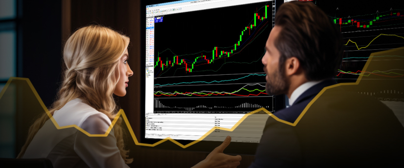 Two individuals analyzing a screen displaying an upward trend line, indicating positive growth or progress.