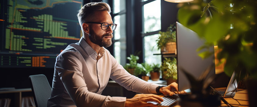 A man with glasses is engaged in computer work, concentrating on the screen while typing on the keyboard.