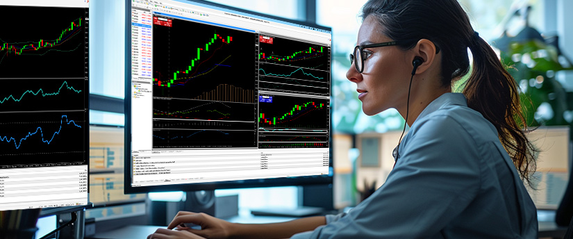 A forex trading chart displaying currency fluctuations with candlestick patterns and trend lines for analysis.