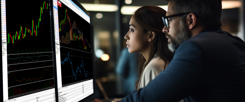 Two traders reviewing demo MT4 trading charts on dual monitors in a modern office, analysing price action and market indicators for strategy decisions