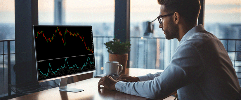A man sits at a desk, focused on a computer screen that shows a detailed stock chart with various trends.