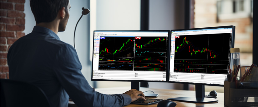 A man at a desk with two monitors displaying different forex trading screens, focused on market analysis.