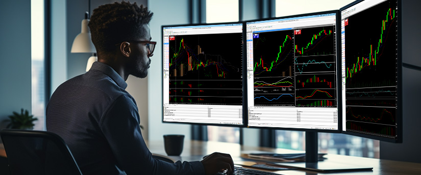 A man at a desk with three monitors displaying various forex trading screens, focused on market analysis.