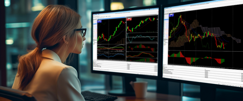 A woman at a desk with two monitors displaying different forex trading screens.