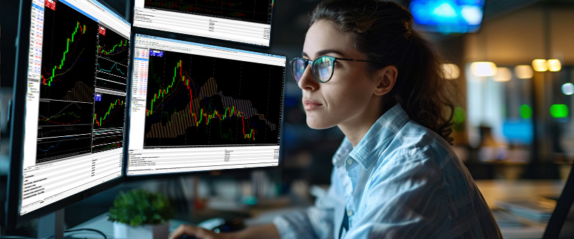 A woman wearing glasses analyzes multiple screens displaying forex data and charts.