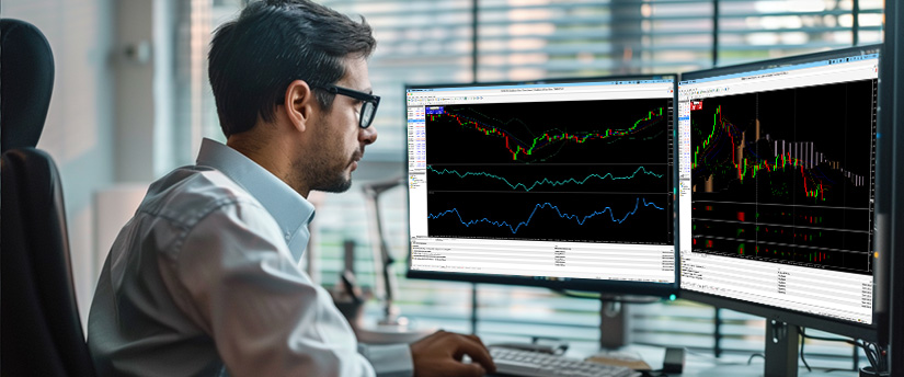 A man at a desk with two monitors displaying different forex stock market graphs.