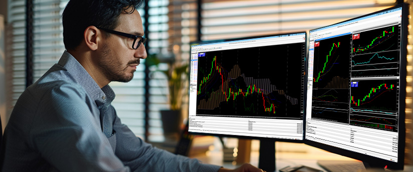 A trader sitting at a desk with two monitors displaying various trading screens and data analysis.