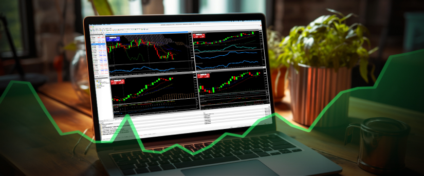 Um portátil a exibir uma plataforma de negociação forex com gráficos e pares de moedas no ecrã.