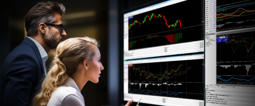 Dos personas estudiando una pantalla de computadora que muestra información de trading de acciones, discutiendo estrategias y tendencias del mercado.