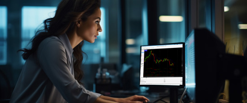 A woman focused on a computer screen displaying forex stock market data and charts.