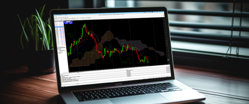 كمبيوتر محمول يعرض منصة تداول العملات الأجنبية مع الرسوم البيانية وأزواج العملات على الشاشة.