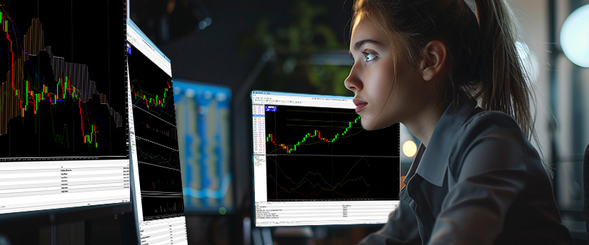 Une femme étudie un graphique de trading Forex sur son écran, se concentrant sur les données financières et les mouvements du marché.